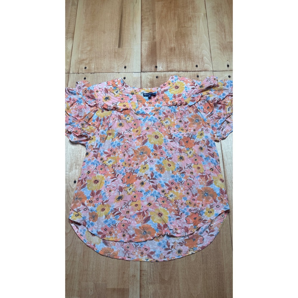 Democracy Womens Floral Ruffle Flutter Sleeve Top Pink Orange Yellow Blue Size M